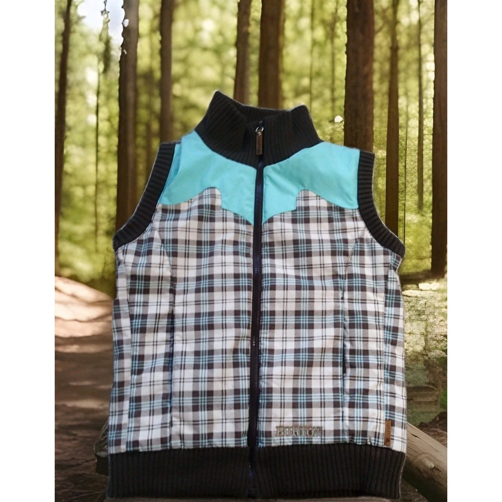 Burton Puffer Vest Girls Large Brown Plaid Excellent Western Yoke Insulated